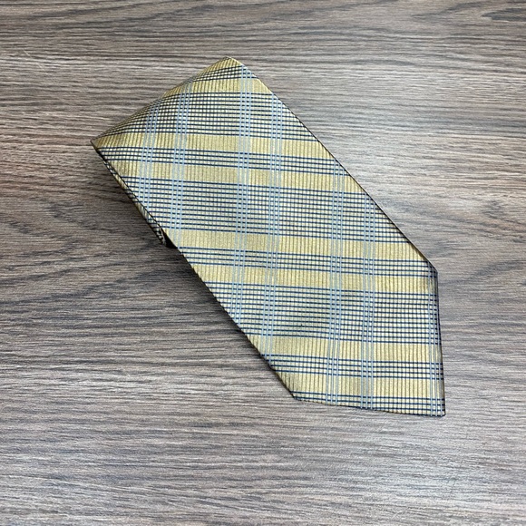 Jos A Bank Gold, Blue & Navy Plaid Silk Tie - Picture 1 of 4